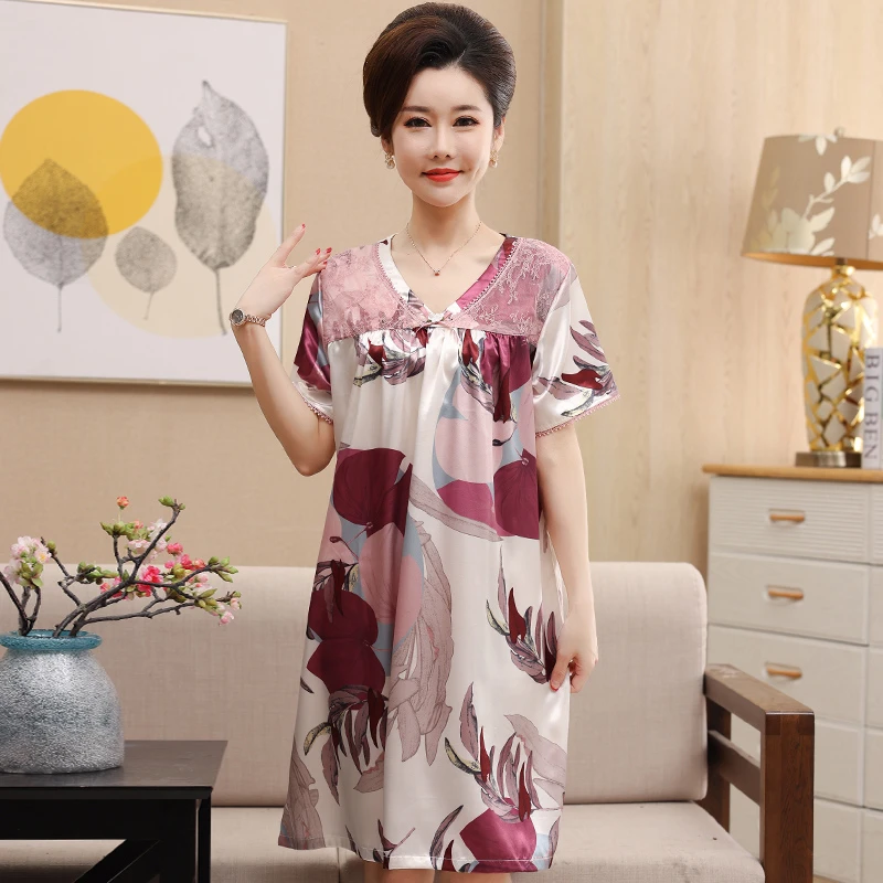 中老年人妈妈睡裙夏季薄款冰丝睡衣女短袖仿真丝绸中长款连衣裙子