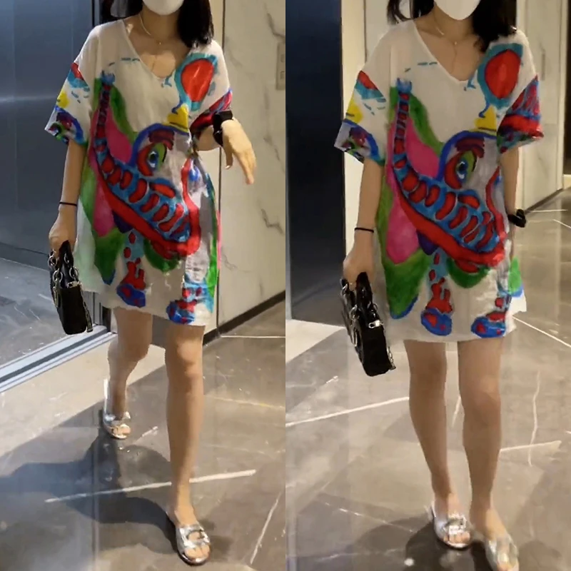 夏季新款2024年短裙别致印花休闲苎麻连衣裙女网红洋气炸街女装