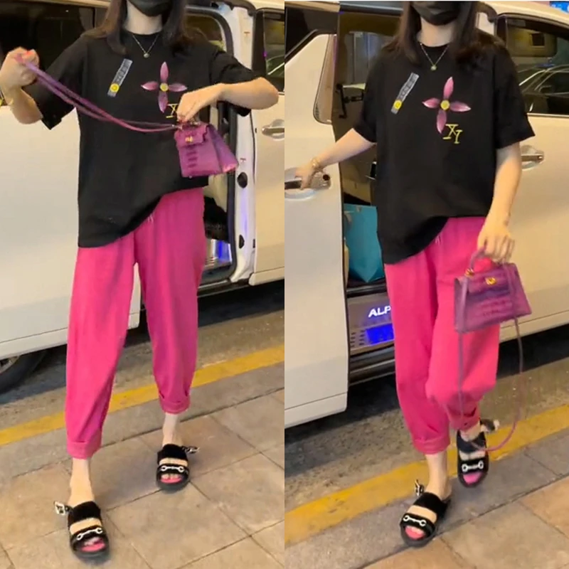 欧洲站夏季新款休闲两件套装女2025网红炸街印花上衣宽松洋气裤子