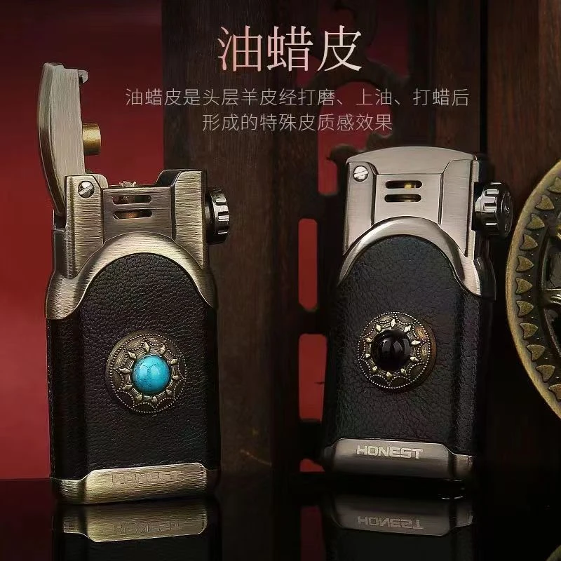 新款煤油打火机高档正品半自动老式复古一键弹射点火羊皮包身