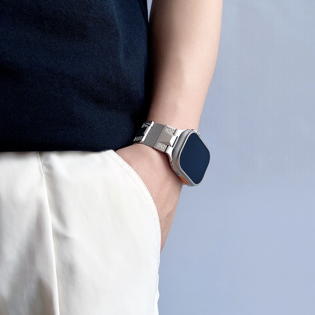 适用iwatchs9米兰尼斯表带s8金属机甲风腕带苹果手表se/Ultra表带
