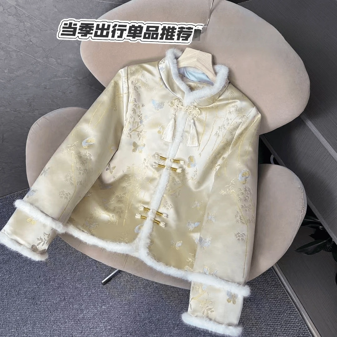 【富贵竹】2024冬季新中式夹棉盘扣缎面复古显瘦棉服百搭中国风保暖