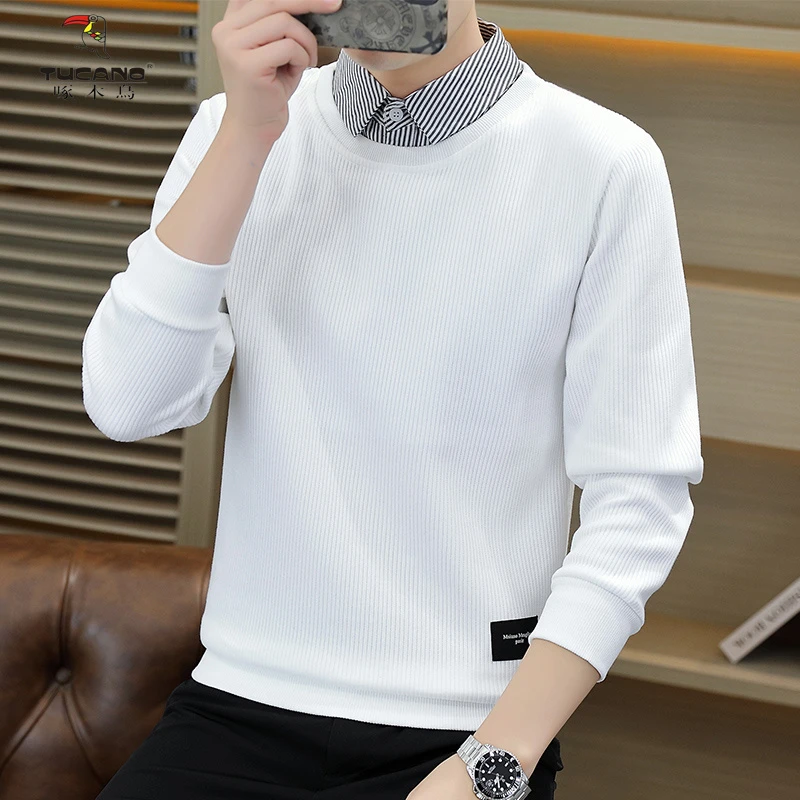 啄木鸟秋冬季新款假两件毛衣男衬衫领时尚百搭针织打底衫23001