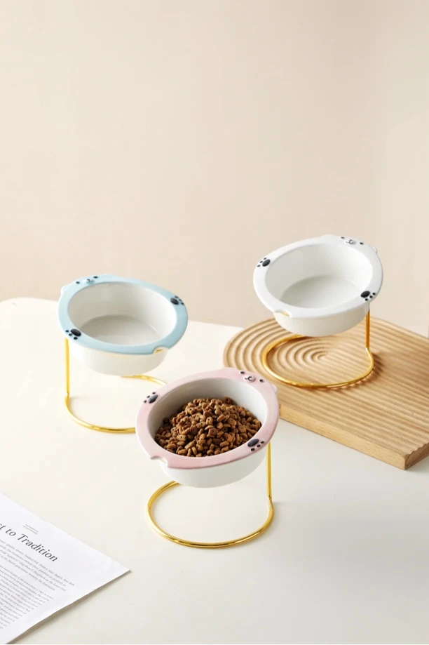 猫碗创意陶瓷碗水碗带碗架铁艺架防滑保护颈椎猫食盆宠物碗斜口碗