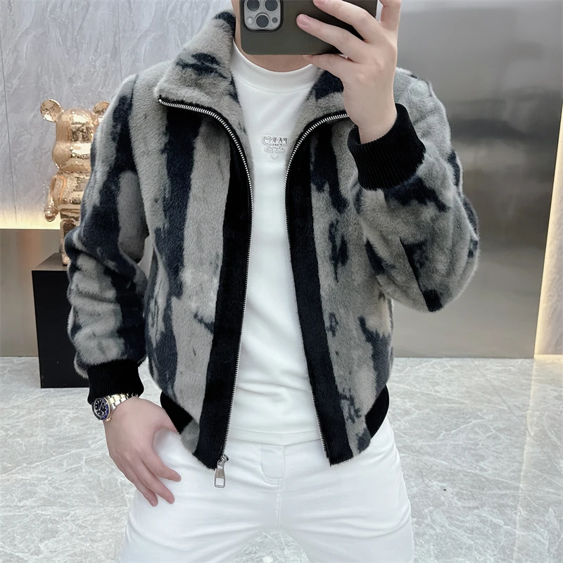 冰希轻奢.潮牌欧货男士立领夹克时尚条纹帅气绒外套2024秋冬新款