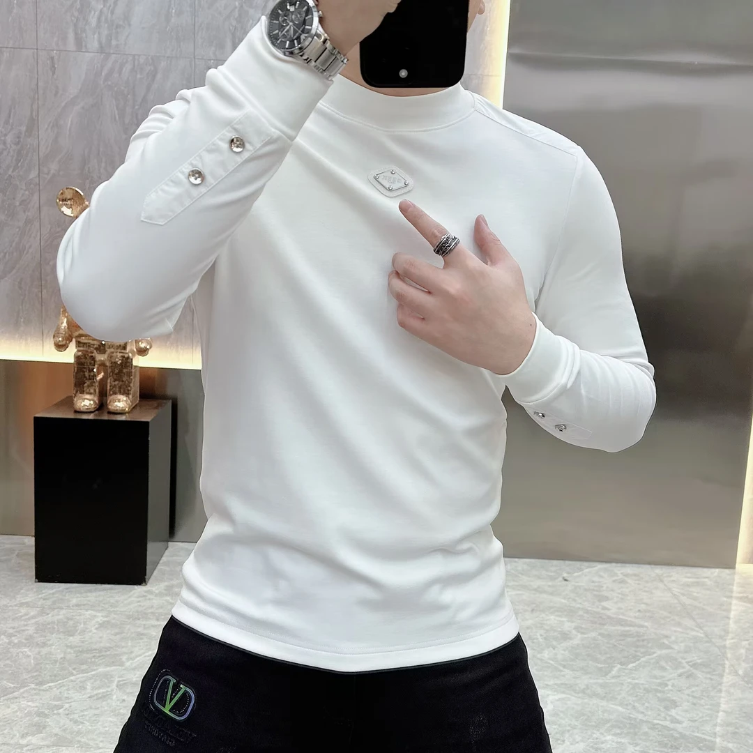 冰希潮牌.小众设计男士中领长袖百搭加绒打底衫菱形2023秋冬新款