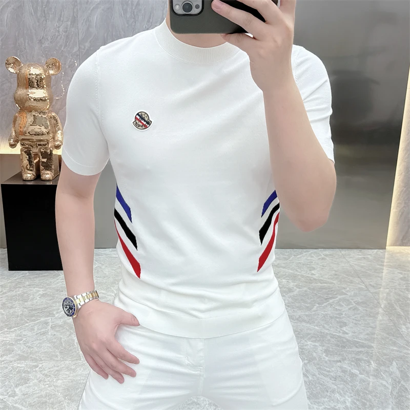 冰希轻奢.设计款男士圆领针织衫帅气高品质条纹短袖2024秋季新款