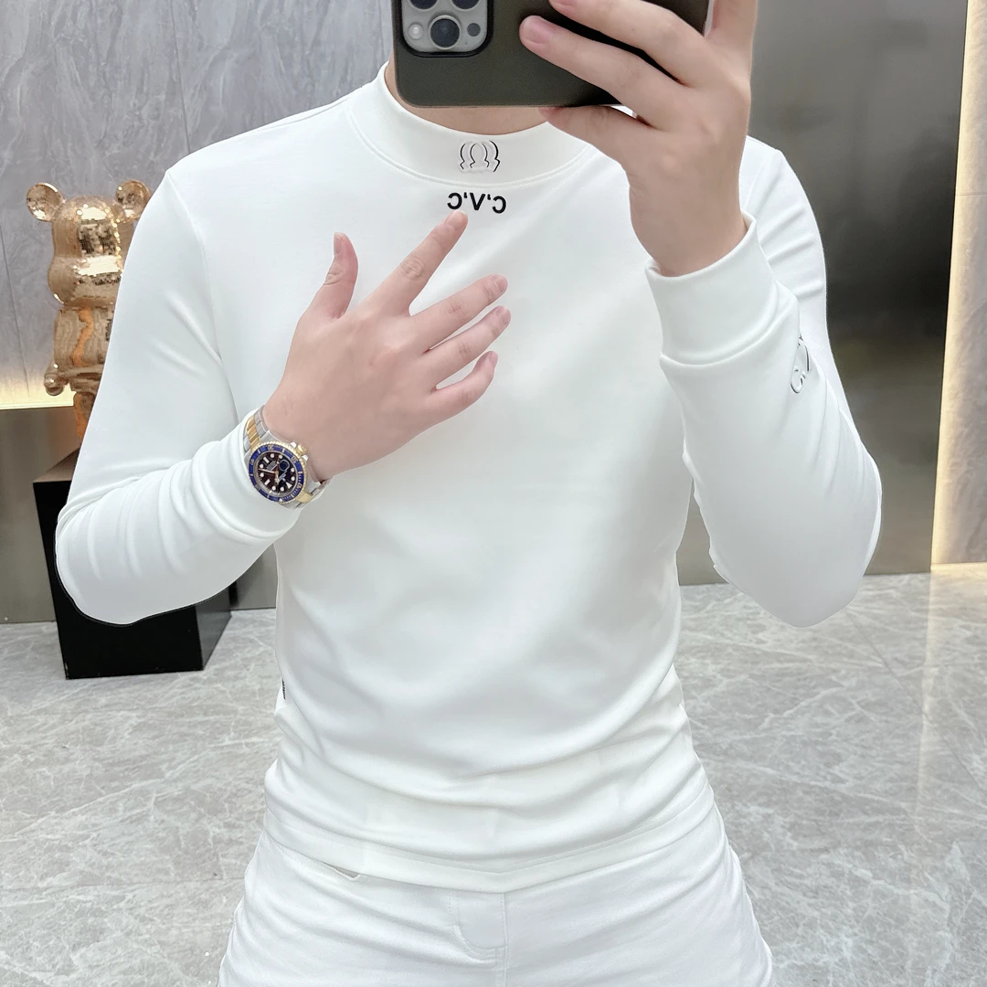 冰希CX.轻奢欧货男士圆领T恤长袖休闲百搭加绒打底衫2024秋冬新款