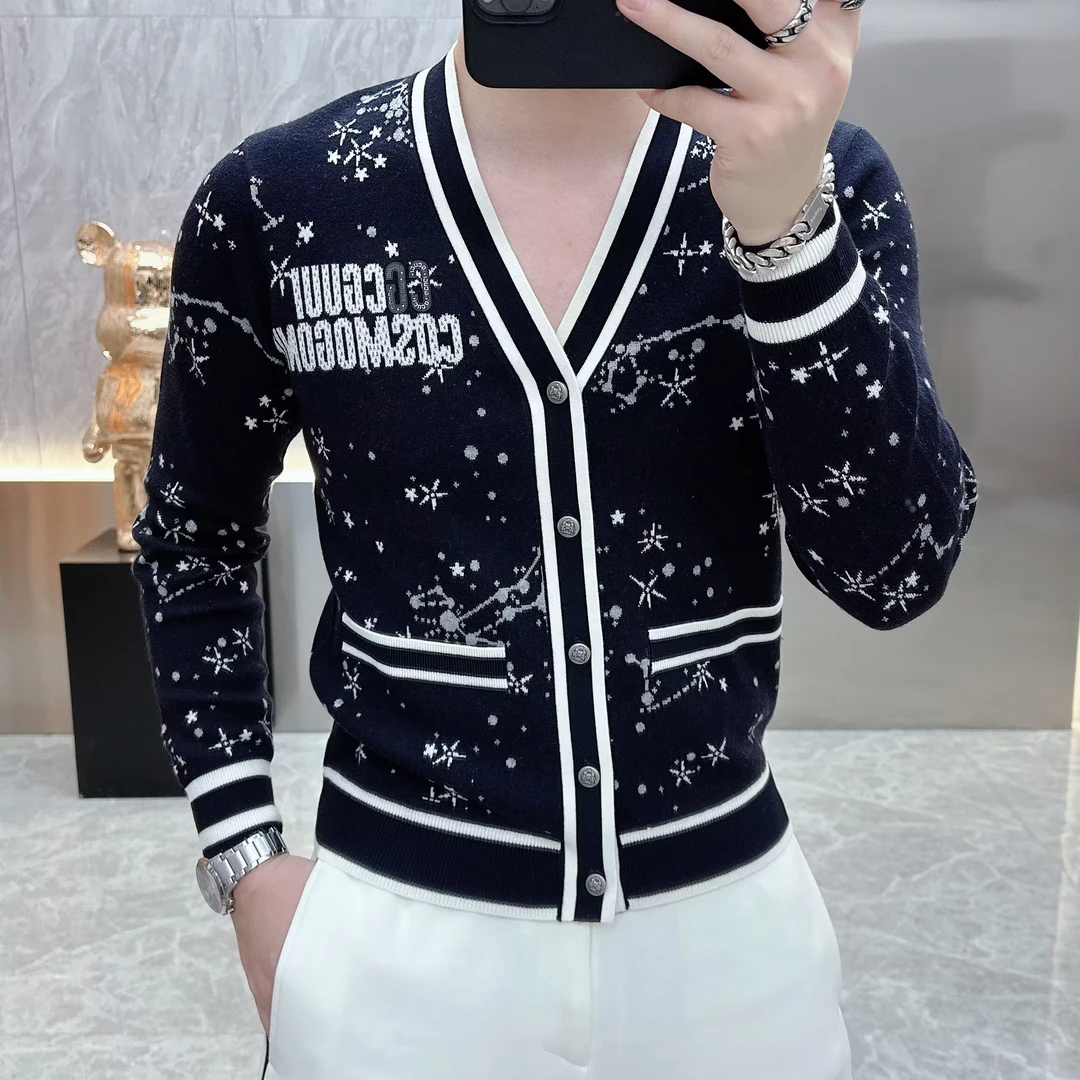 冰希重工.欧意名品男士V领开衫百搭休闲时尚提花满星2023秋季新款