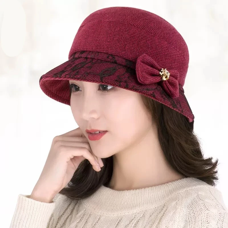秋冬季时尚保暖盆帽中老年毛呢格渔夫帽韩版休闲加厚内里妈妈帽子