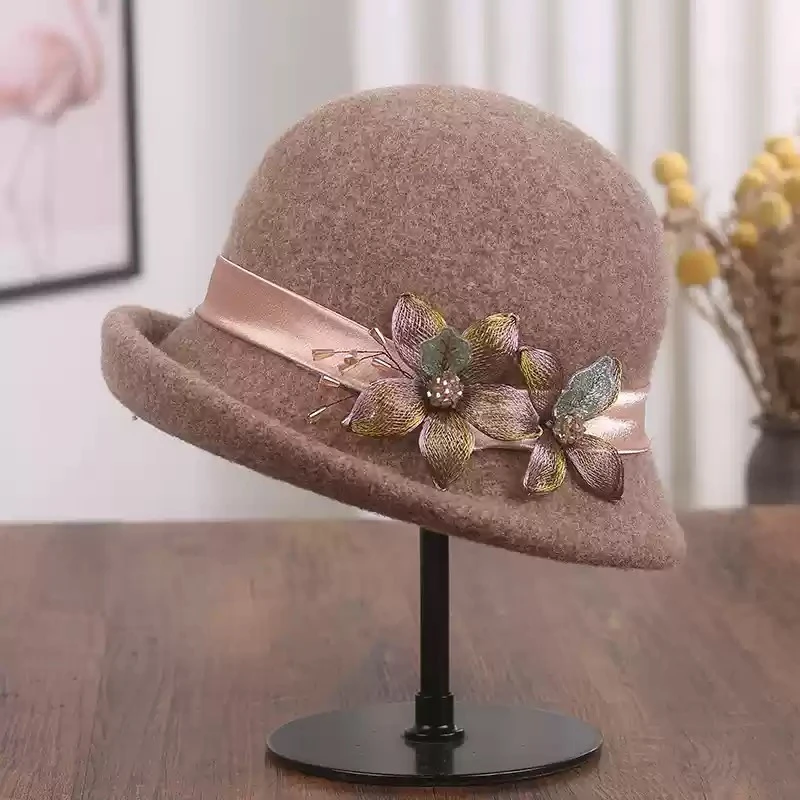 韩版优雅花朵礼帽子女士秋冬复古卷边毛呢盆帽时尚保暖渔夫帽