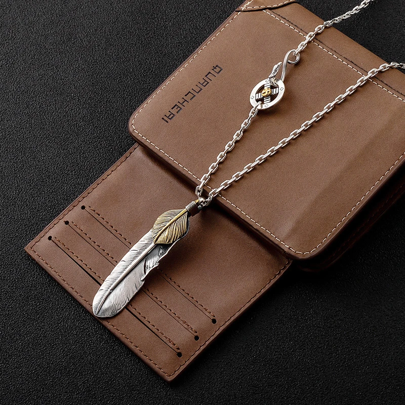 坠链均925银 925纯银点金羽毛项链 复古做旧简约情侣百搭太角链