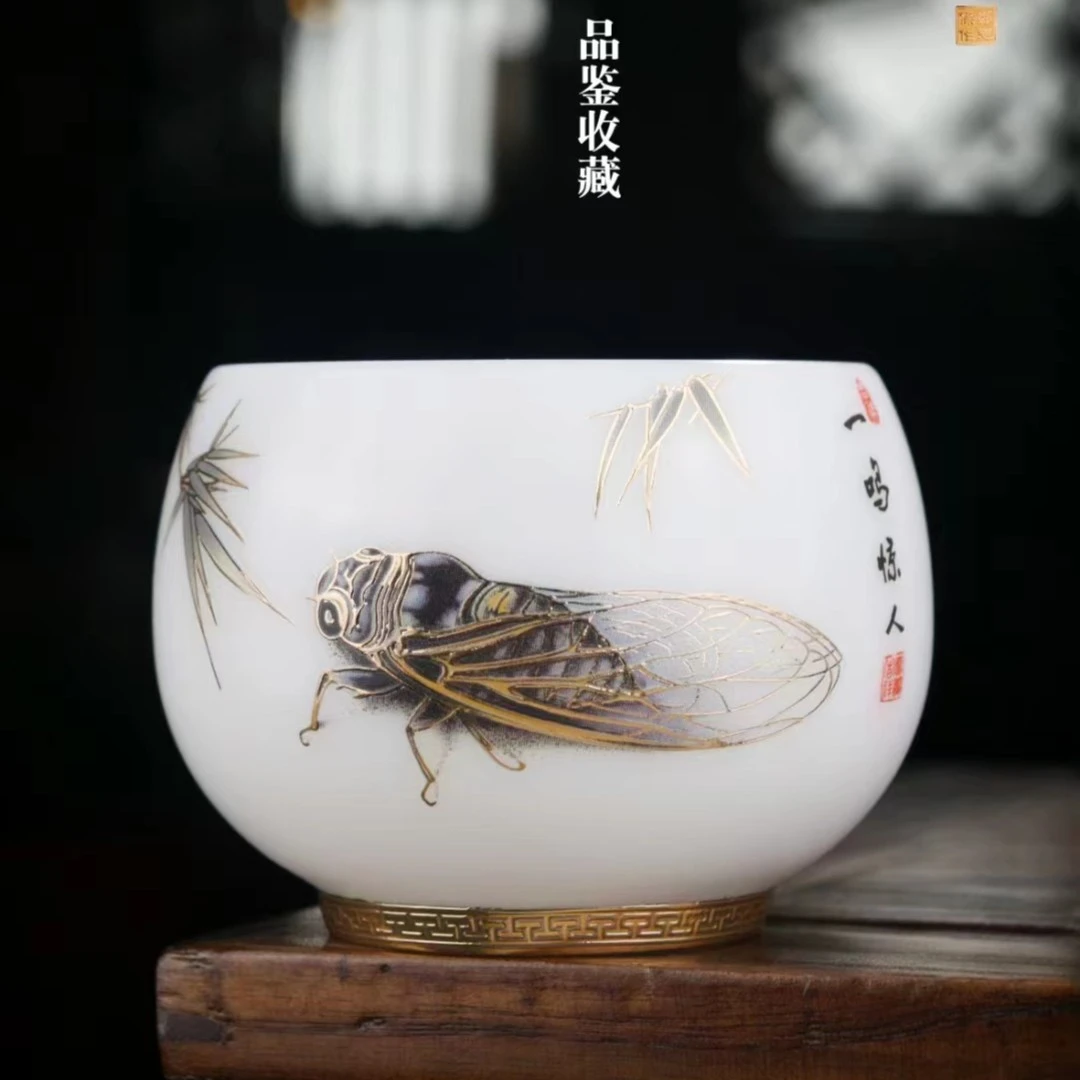 郭志宝纯手工大号家用手绘水墨百福杯礼盒装陶瓷描金主人杯