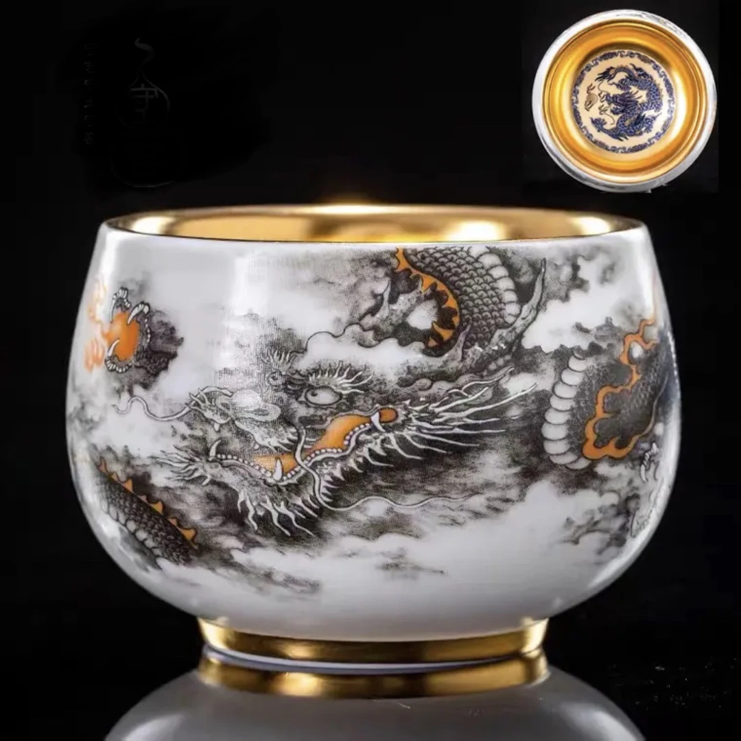 轻奢周泓杰羊脂玉金茶杯鎏金《墨龙戏珠》主人杯品茗杯茶杯