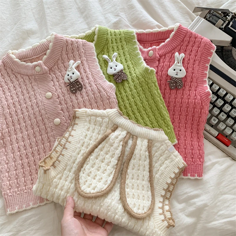 女宝宝针织马甲春秋款女童可爱兔耳朵毛线坎肩婴儿童开衫毛衣背心