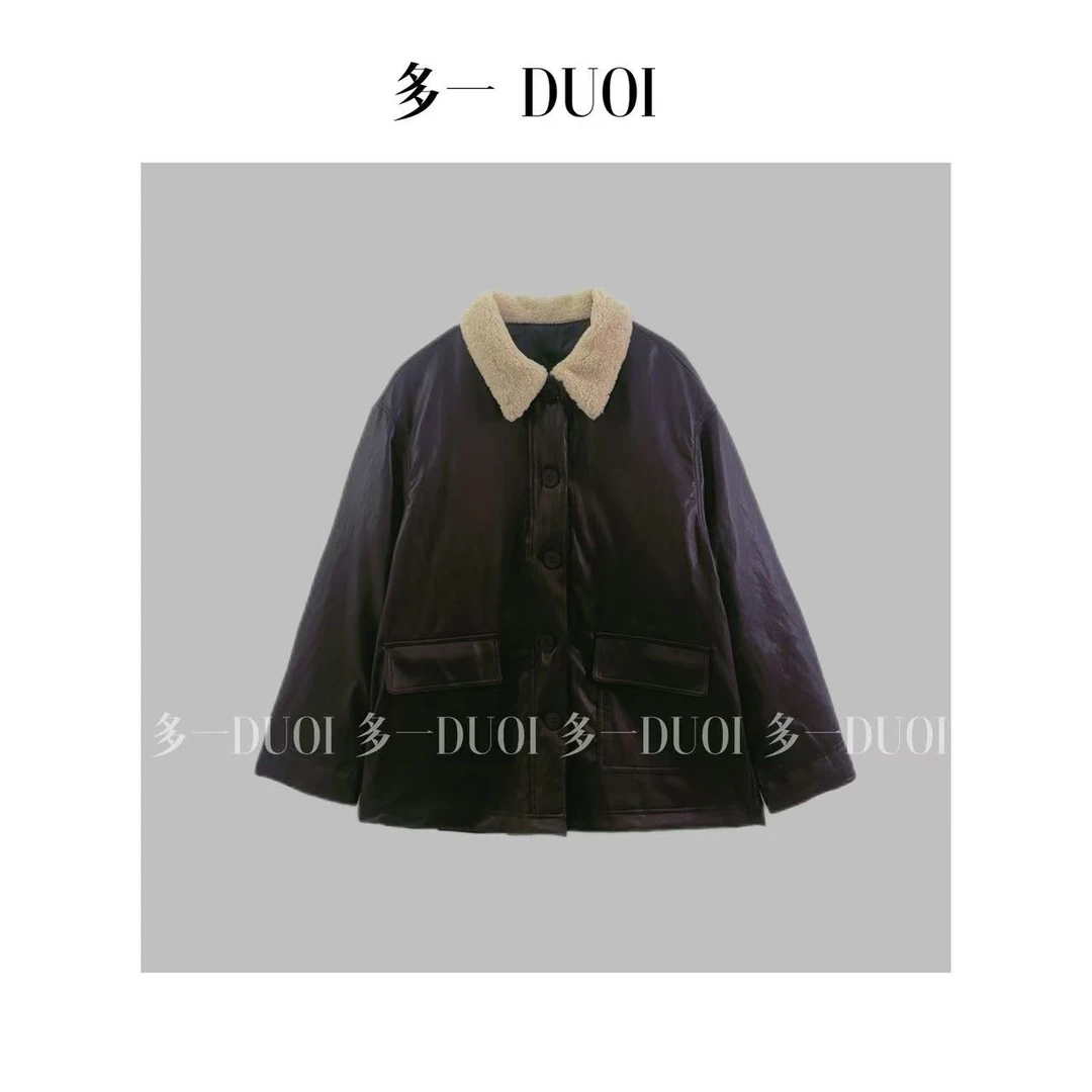 多一“伦敦夜”2024冬季复古防风宽松毛毛翻领拼接皮衣保暖羽绒服
