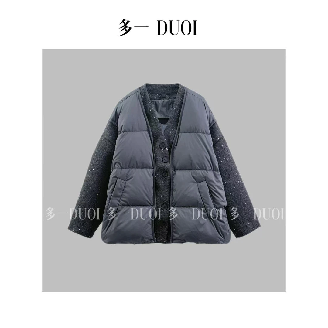 多一“星愿”2024冬季休闲V领毛呢拼接撞色亮闪闪设计保暖羽绒服
