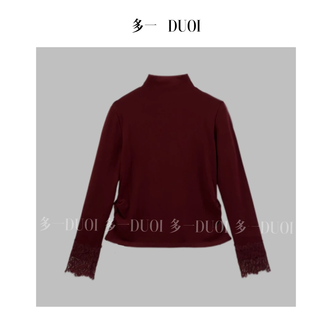 清——“漫雪”2024冬季休闲百搭纯色下摆抽绳袖口拼接蕾丝上衣