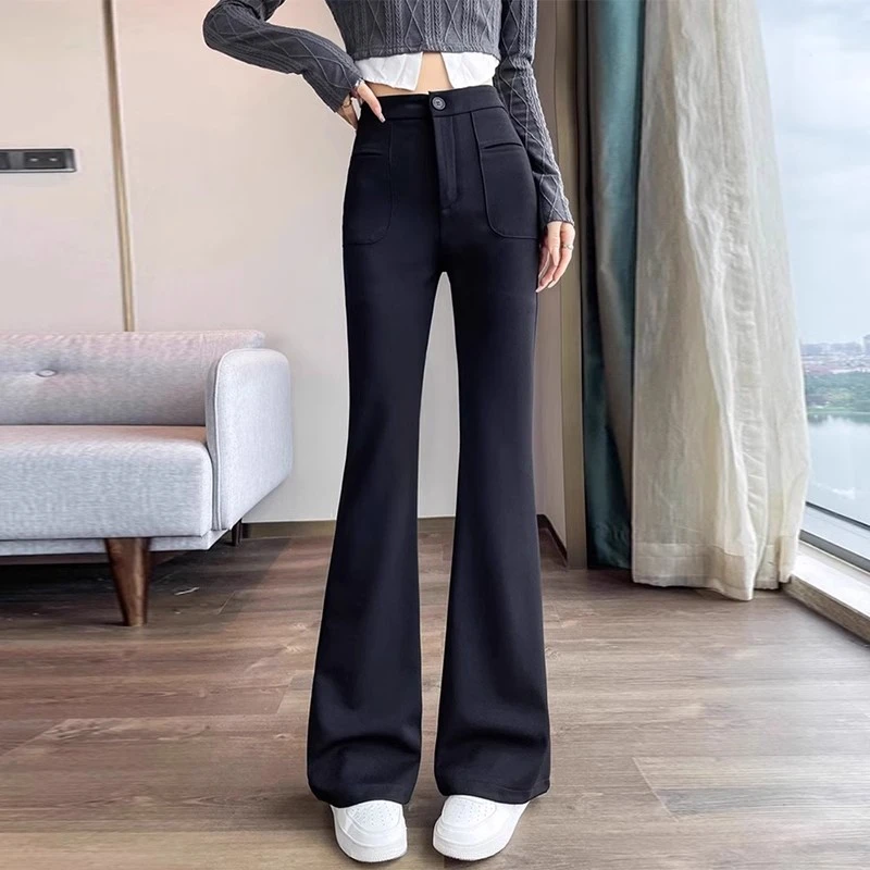 加绒黑色微喇叭高腰西装裤女2024修身显瘦弹力裤显高微喇休闲裤