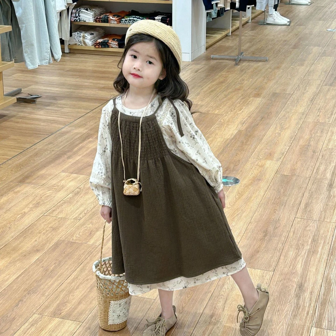 【达人专属】秋季新款韩版童装女童碎花长款连衣裙泡泡袖两件套