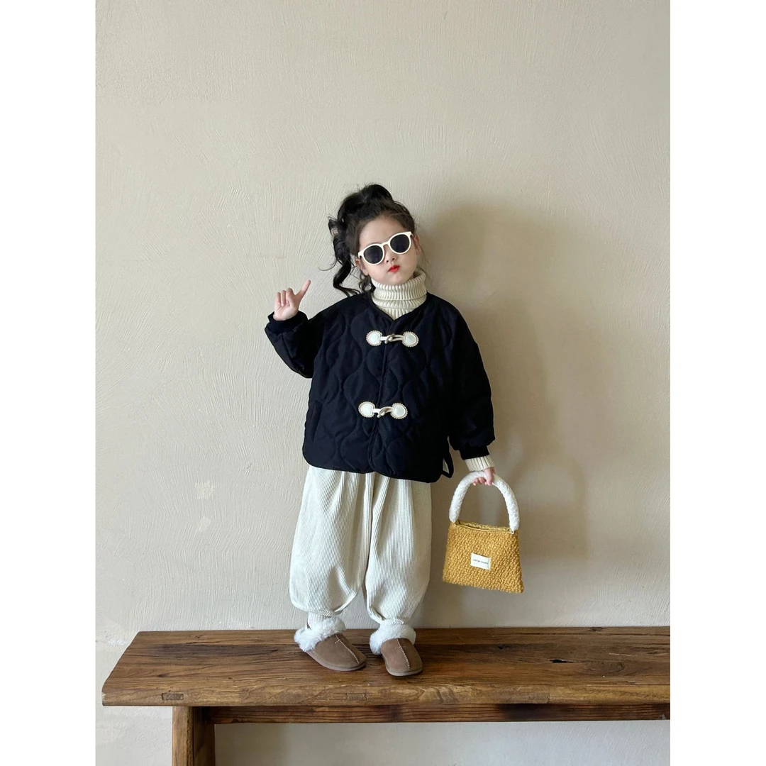 牛角扣加绒棉衣脚口包条加绒灯芯绒裤2024初冬新款韩系男女宝宝