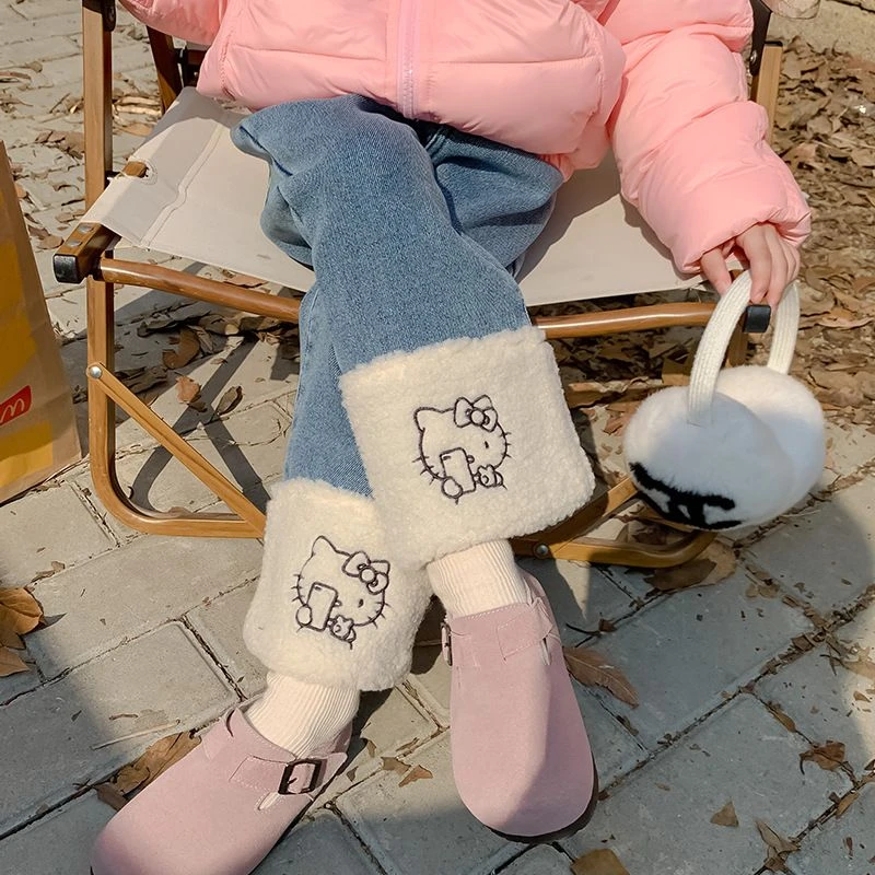 童装女童加绒牛仔裤24秋冬可爱宝宝裤子卡通羊羔毛拼接儿童直筒裤