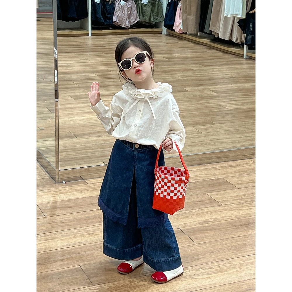 高级宫廷风女童娃娃领衬衫秋季罩裙牛仔阔腿裤三件套装