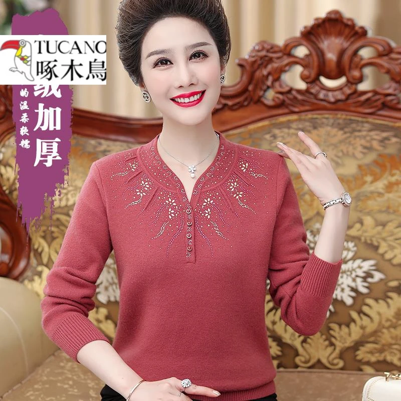 啄木鸟中年妈妈毛衣加绒加厚打底衫冬装40岁50中老年女秋冬新款保