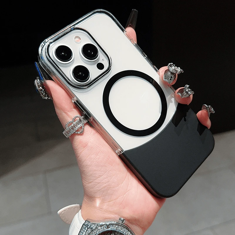 适用苹果16promax磁吸肤感拼色上下插手机壳15pro超薄防摔保护套