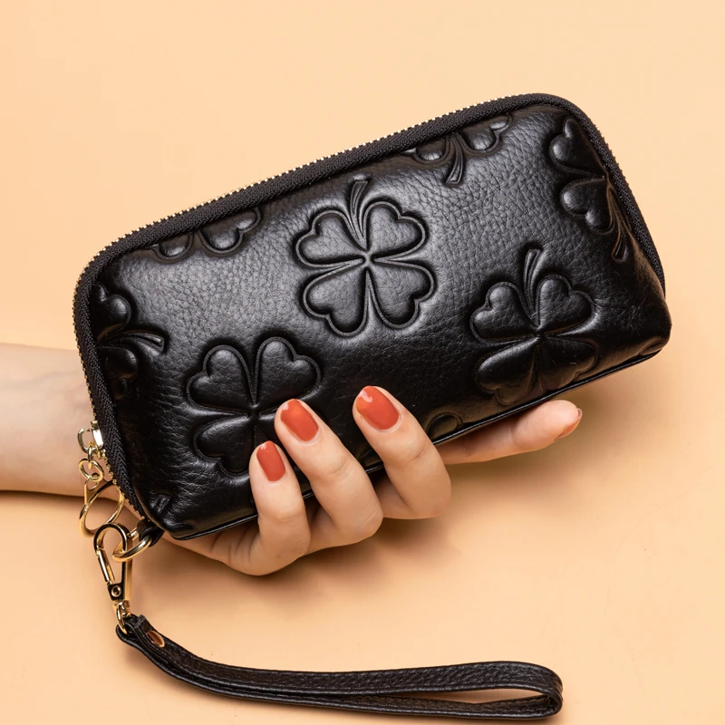 真皮钱包女长款2025新款时尚手拿包头层牛皮手机拉链包四叶草手包