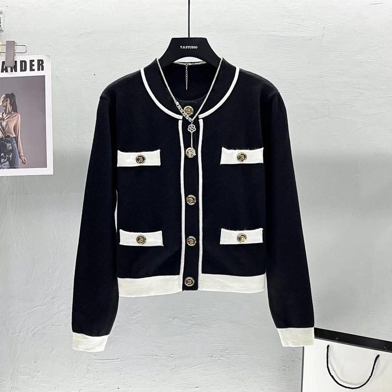 【NancyFamily】秋时尚气质百搭休闲简约小香风春季拼色显瘦针织衫