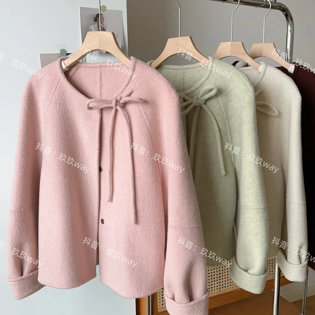 【玖玖way专属】韩系蝴蝶结系带双面呢短款大衣外套女小个子宽松
