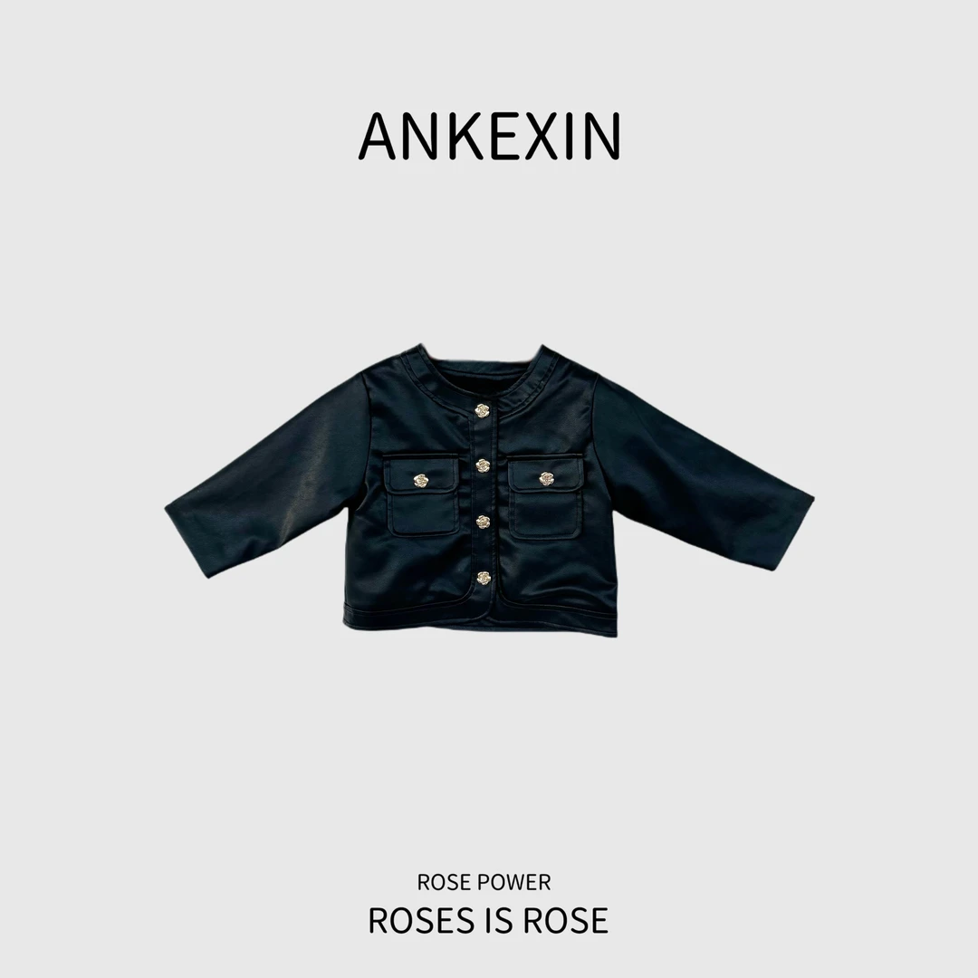 安可馨       秋款女童黑色花朵扣皮外套       HC-8329