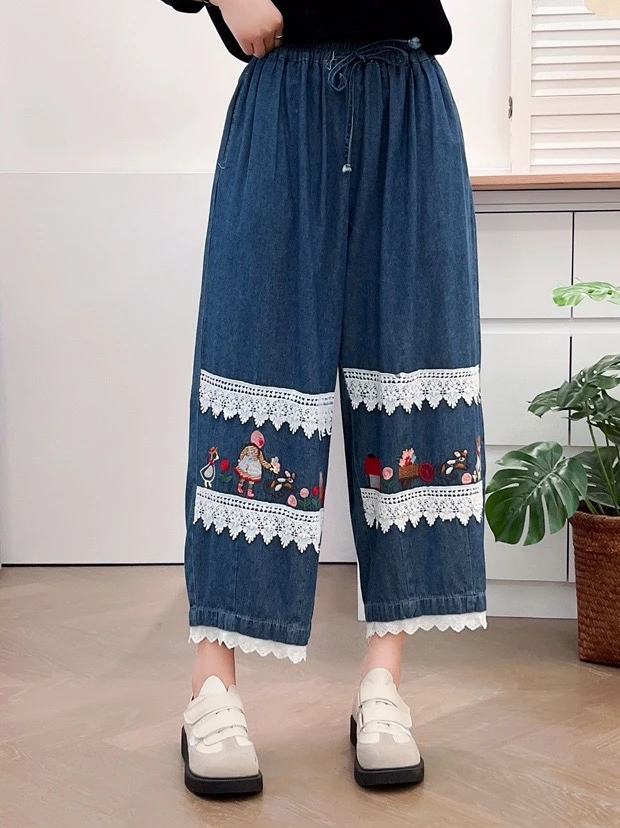 101#-200#吉合森系女装宽松绣花休闲阔腿裤百搭松紧腰裤子