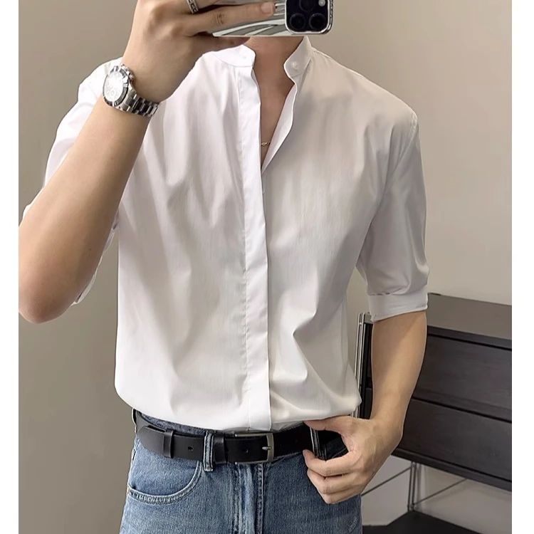 新中式衬衫男夏装港风百搭衬衣设计感薄款立领痞帅宽松白色气质