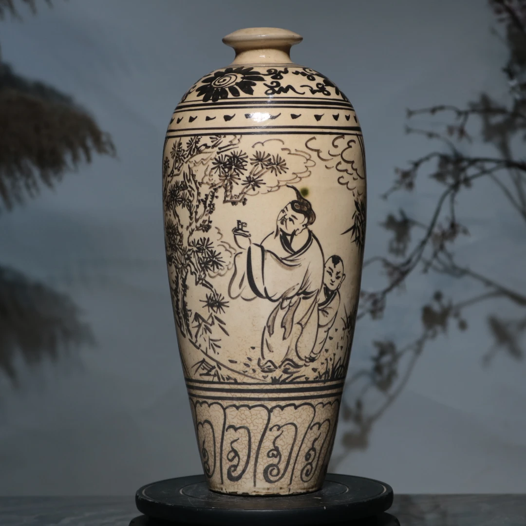 精品收藏级磁州窑白釉绘画人物纹梅瓶复古纯手工家居陶瓷摆件观赏