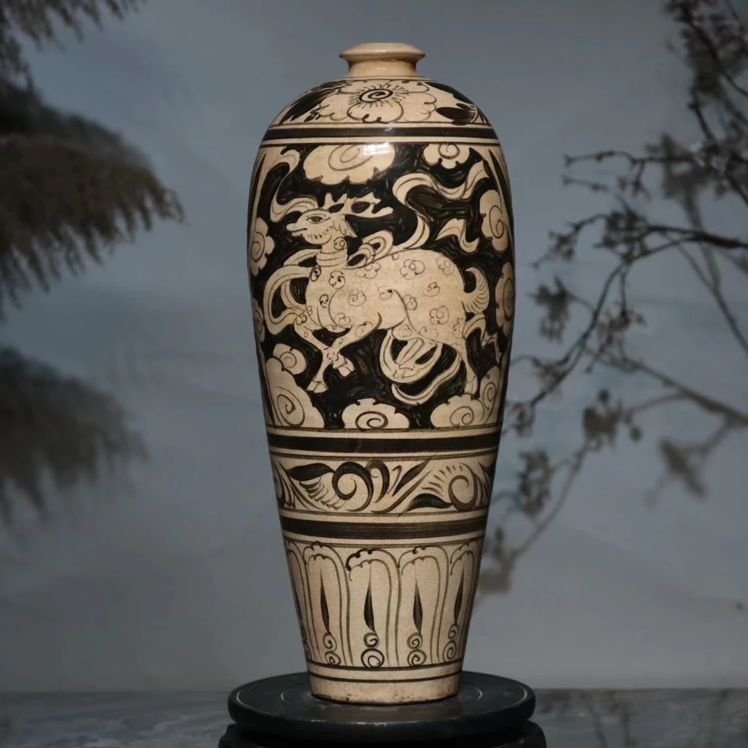 精品收藏级磁州窑白釉画花梅瓶复古全手工玄关家房居摆件观赏吉祥