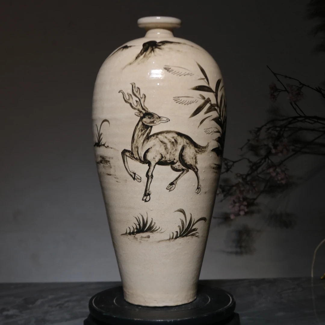 精品收藏磁州窑白釉画诗文福禄梅瓶复古手工玄关陶瓷摆件古瓷观赏