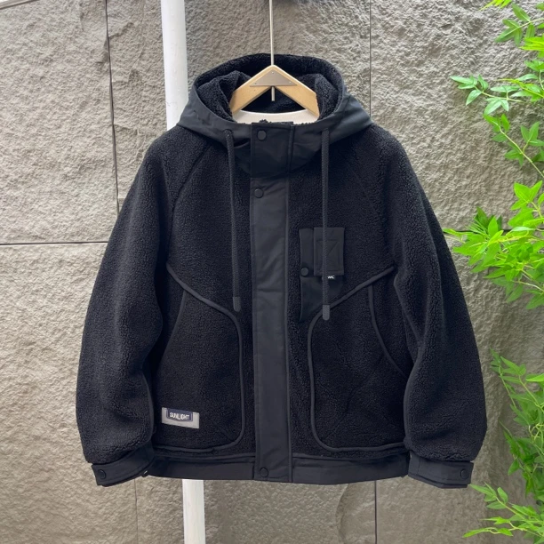 高级感颗粒绒外套男秋冬季潮连帽拼接棉服仿羊羔毛棉衣男加厚棉衣