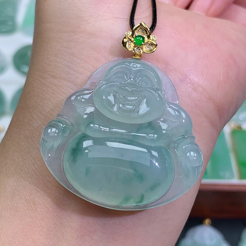 缅甸天然A货18K金扣头翡翠佛公吊坠