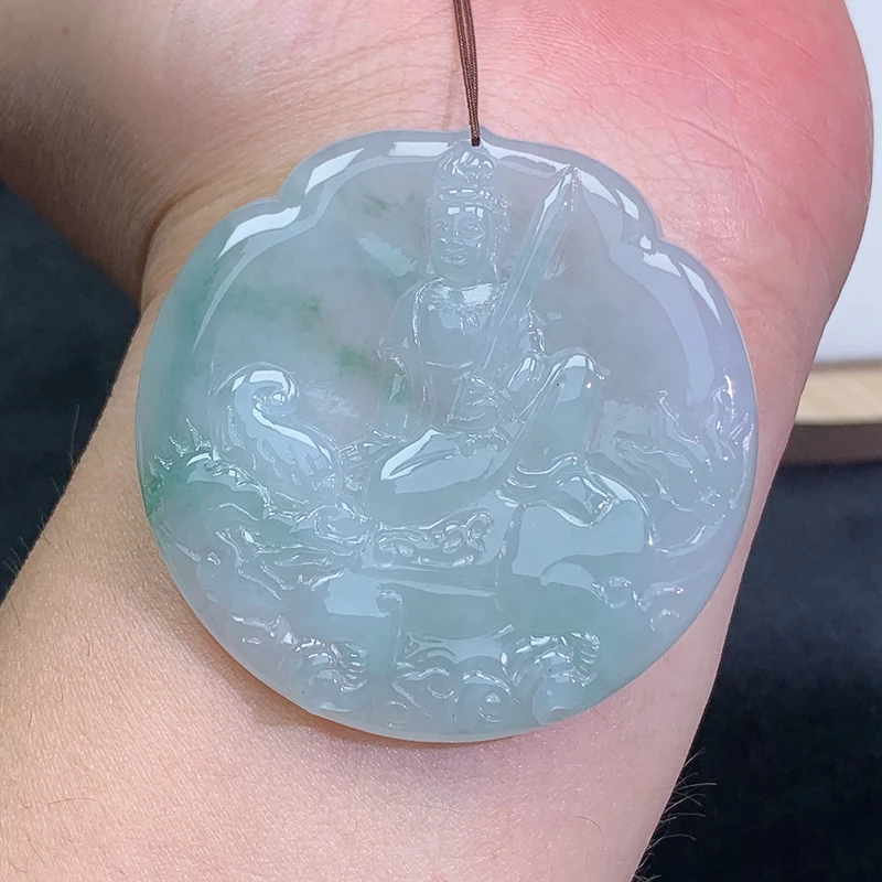 缅甸天然A货翡翠飘绿文殊菩萨吊坠30.07g