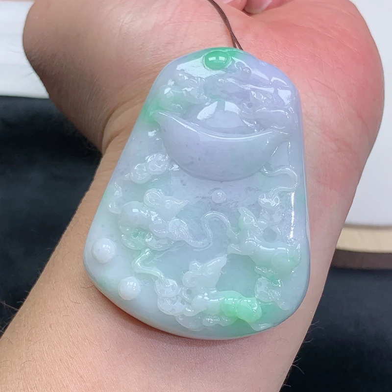 冰润 精雕 飘绿 五鼠运财 吊坠 79.20g 缅甸天然A货翡翠玉石