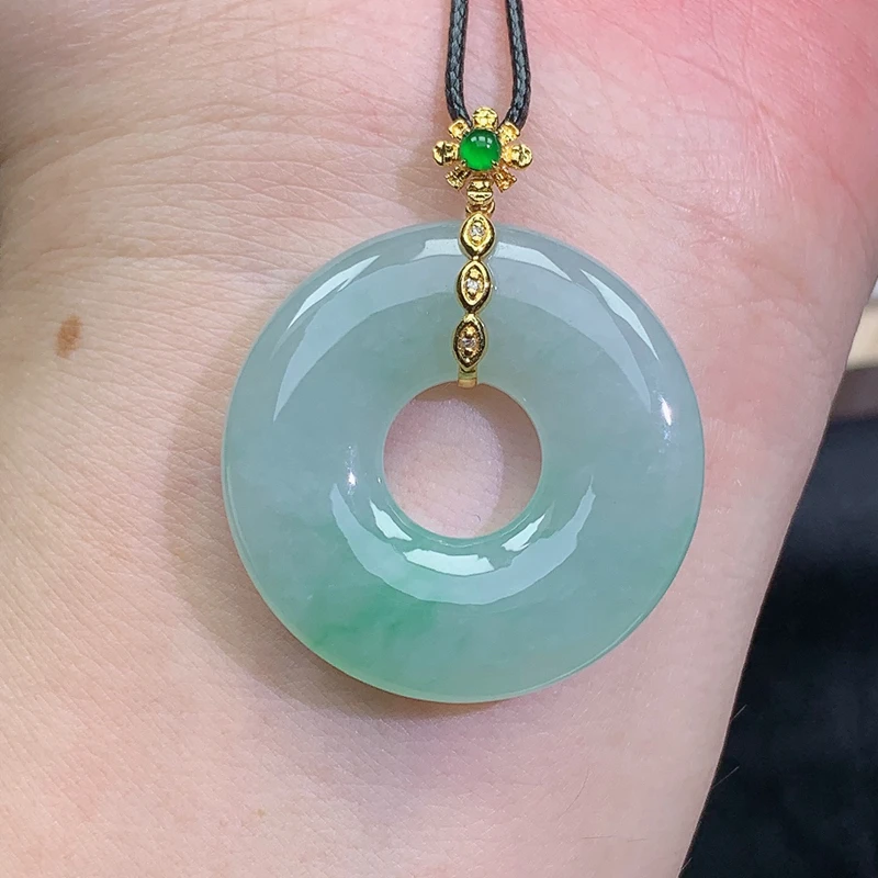 缅甸天然A货18K金扣头翡翠甜甜圈平安环吊坠