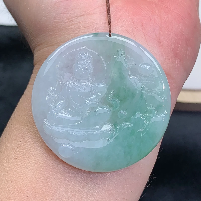 冰润 精雕 飘绿 山水观音 吊坠 28.68g 缅甸天然A货翡翠玉石