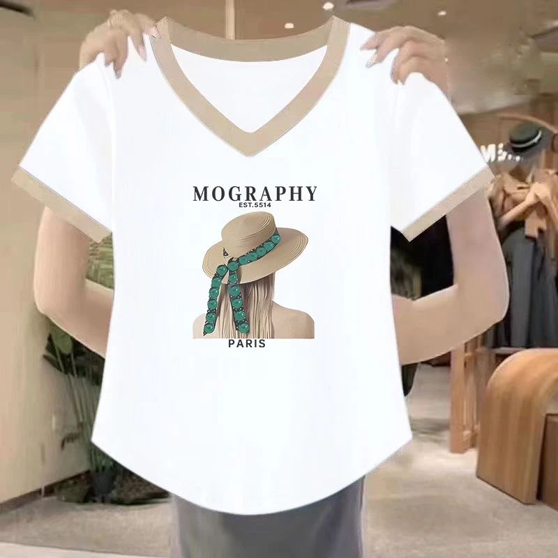 清仓捡漏~尾单大牌剪标专柜撤回外贸撞色短袖t恤女正肩V领体恤衫