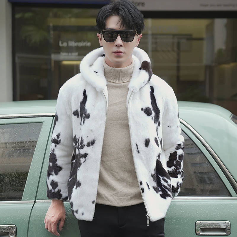 新款貂皮大衣男士整貂短款连帽奶牛貂水貂皮草外套时尚休闲潮流
