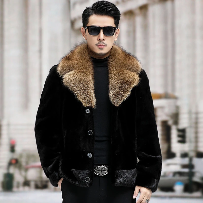 水貂皮草外套整貂渔貂西装领貂皮大衣男短款时尚保暖韩版休闲