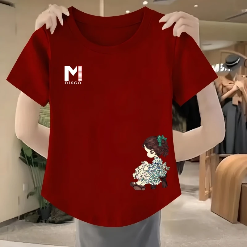 100%纯棉t恤短袖女夏季新款ins弧形下摆时尚休闲减龄大码正肩上衣