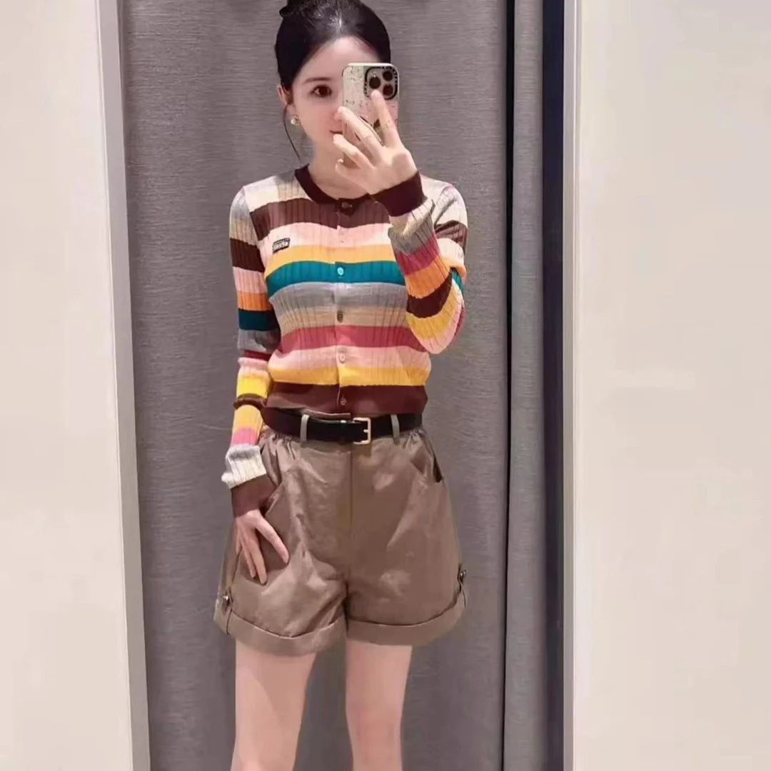 （6595）D家 2024秋季新款时尚百搭甜美风彩色条纹多巴胺针织衫女