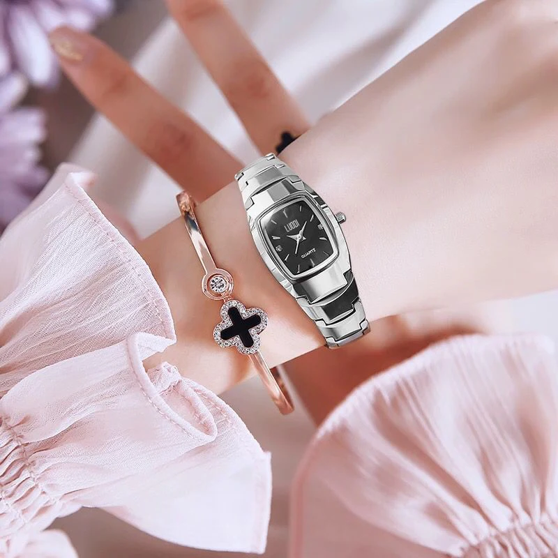 正品瑞士方型钨钢手表女机械表女士手表防水时尚潮流款玫瑰金刻字